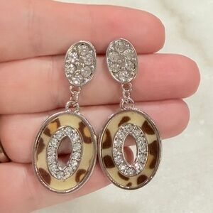 Crystal Drop Leopard Oval Earrings - Silver Tone
